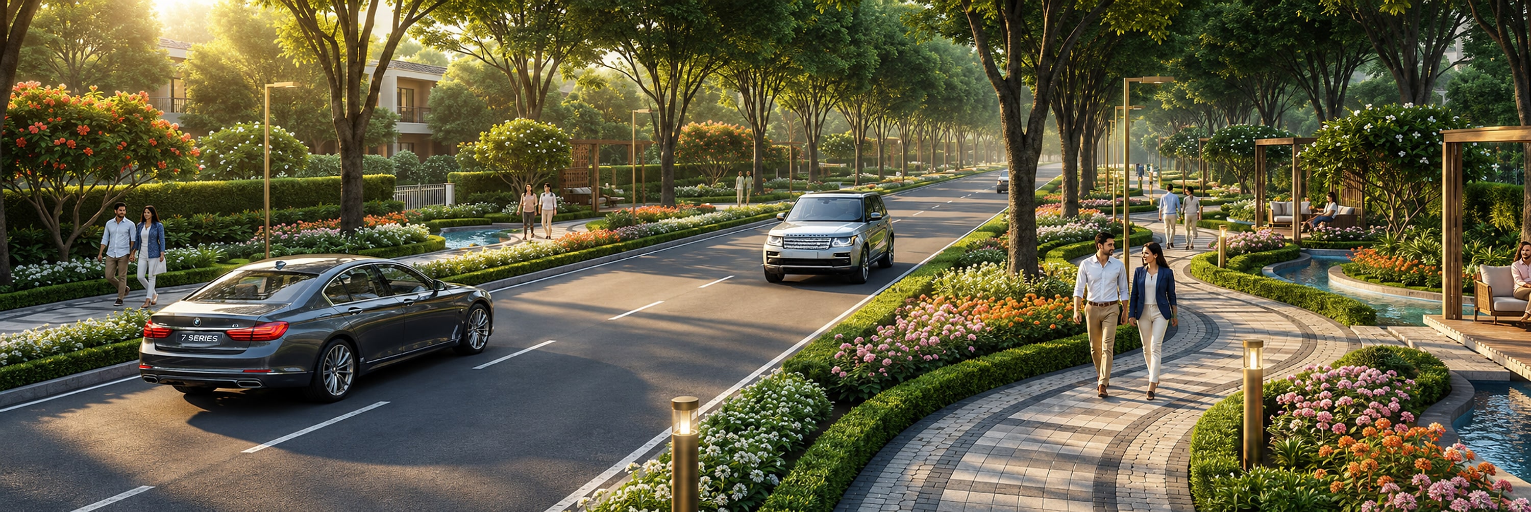 Tree-lined luxury avenue at Vasudha Grand