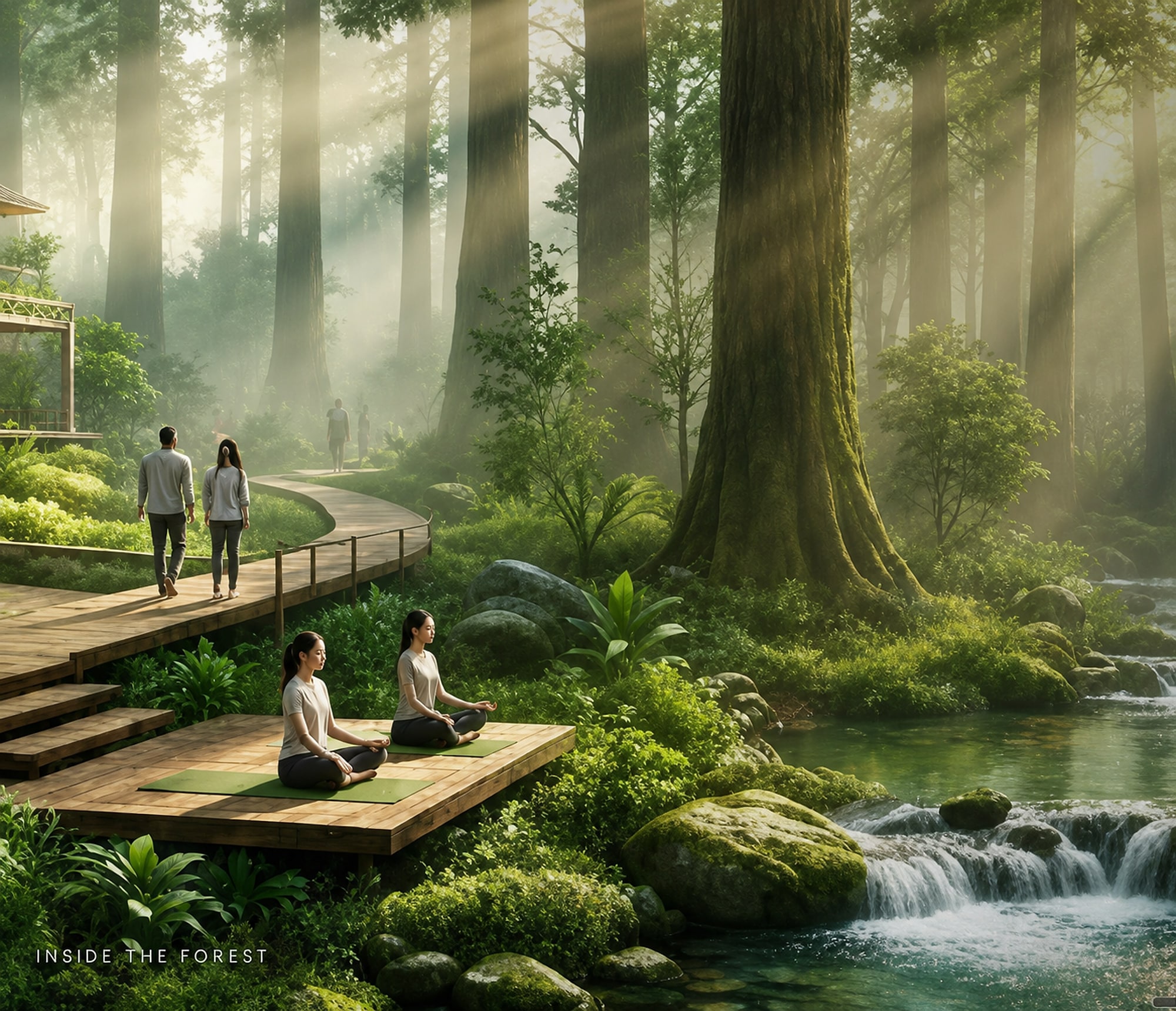 Dense forest walkway with streams inside Vasudha Grand